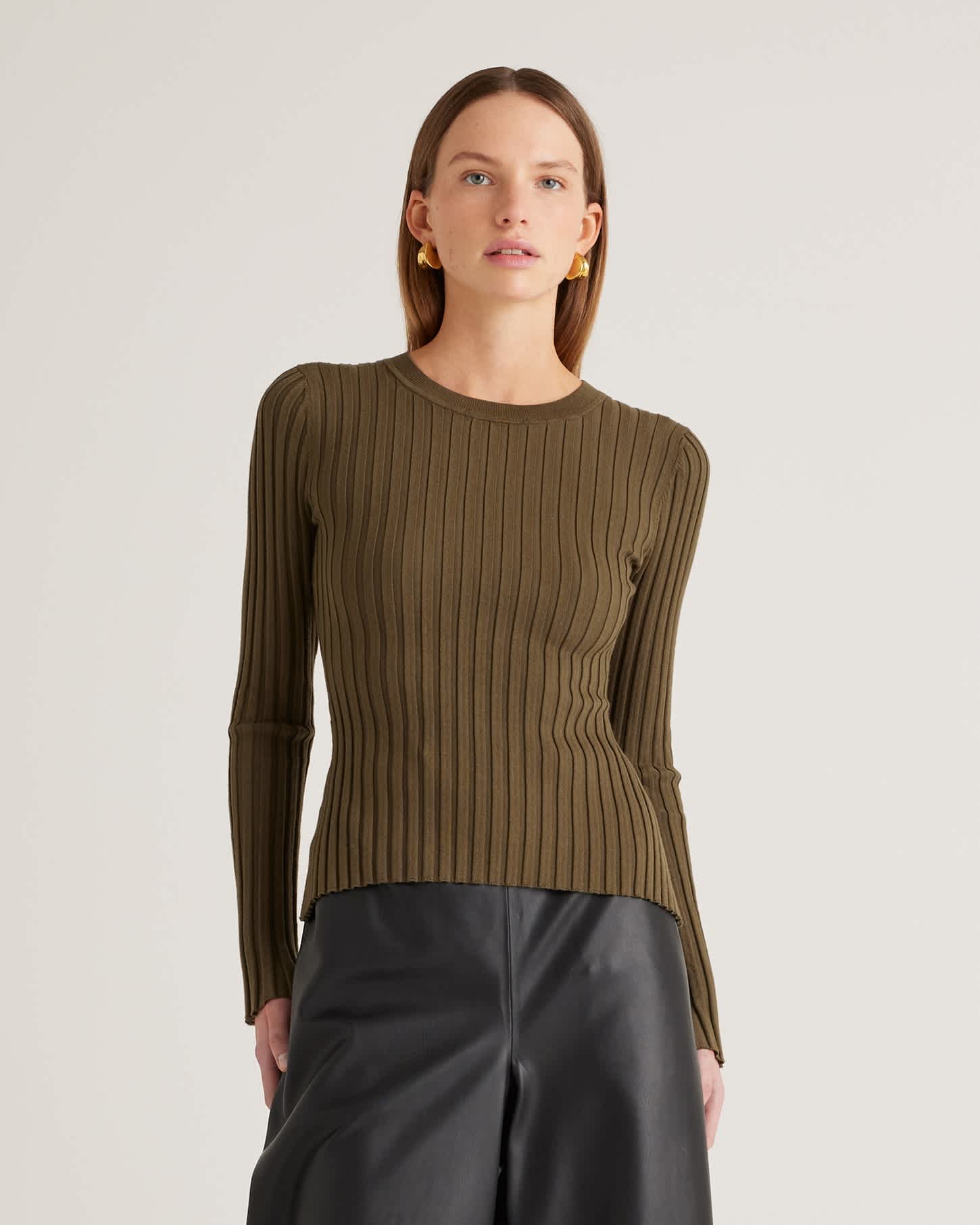 olive Cotton Cashmere Ribbed Long Sleeve Sweater