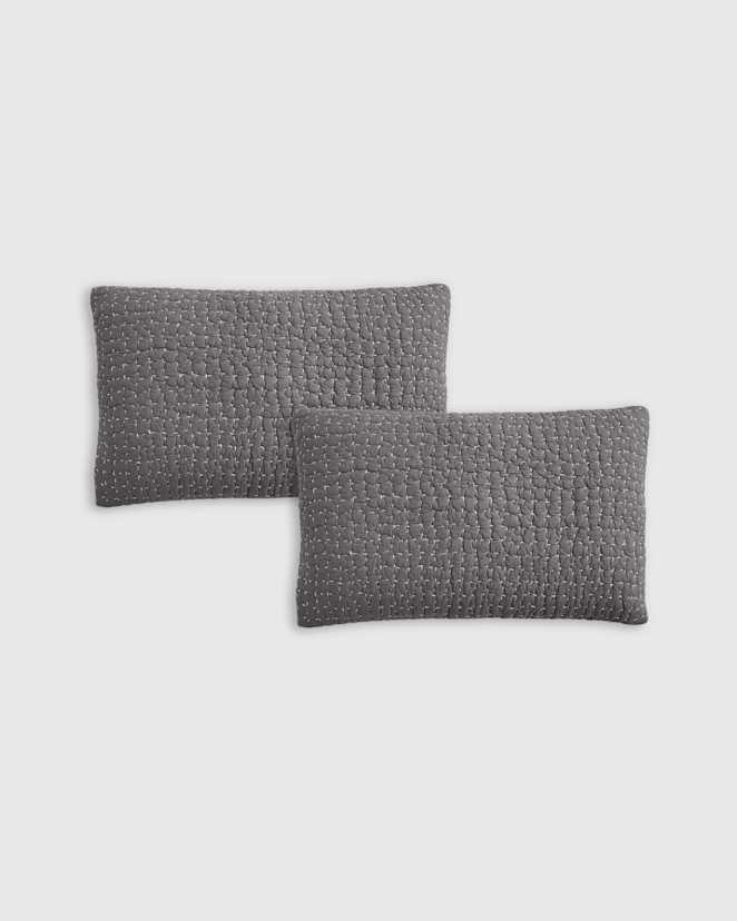 Slate/White Organic Cotton Hand Stitched Pillow Cover - Set of 2