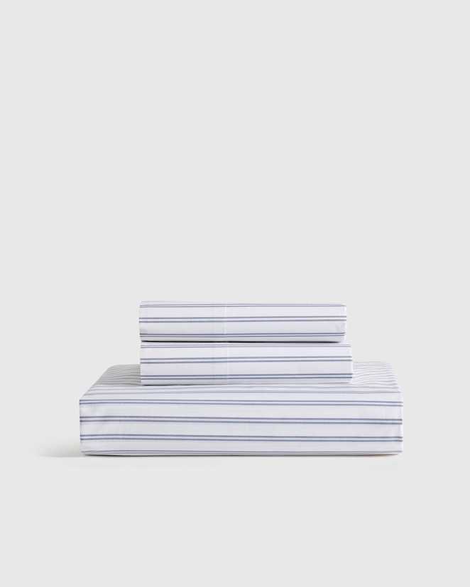 White/Mineral Organic Crisp Percale Double Stripe Fitted Sheet Set