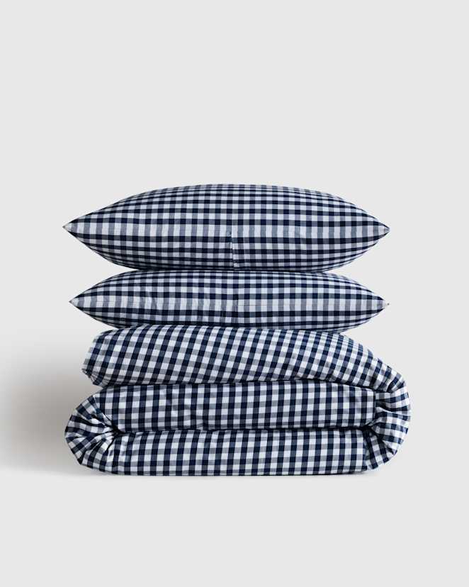 Navy Organic Crisp Percale Gingham Duvet Cover Set