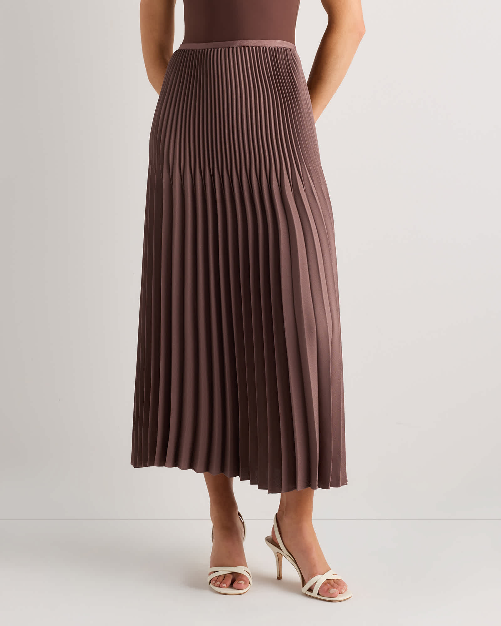 Taupe Brown Pleated Matte Midi Skirt