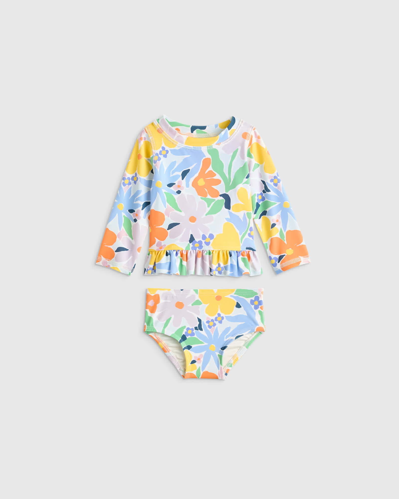 Poolside Floral Long Sleeve Ruffle Rash Guard Two-Piece Swimsuit