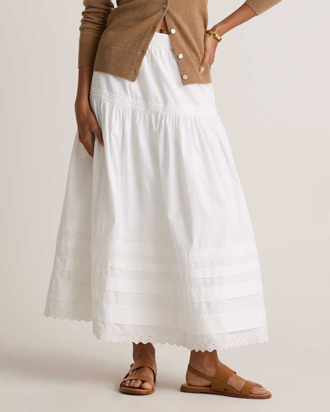Classic White 100% Organic Cotton Poplin Pintuck Maxi Skirt