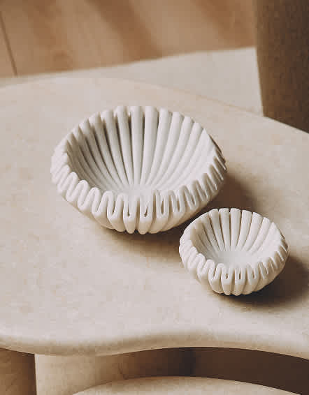 White Handcrafted Fluted Marble Decorative Bowl