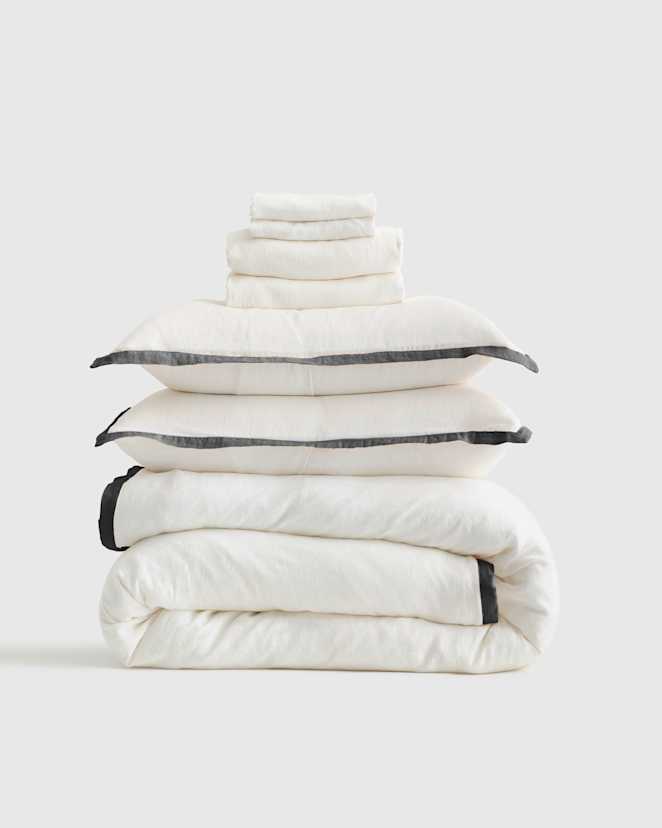 White/Charcoal European Linen Contrast Flange Deluxe Bedding Bundle