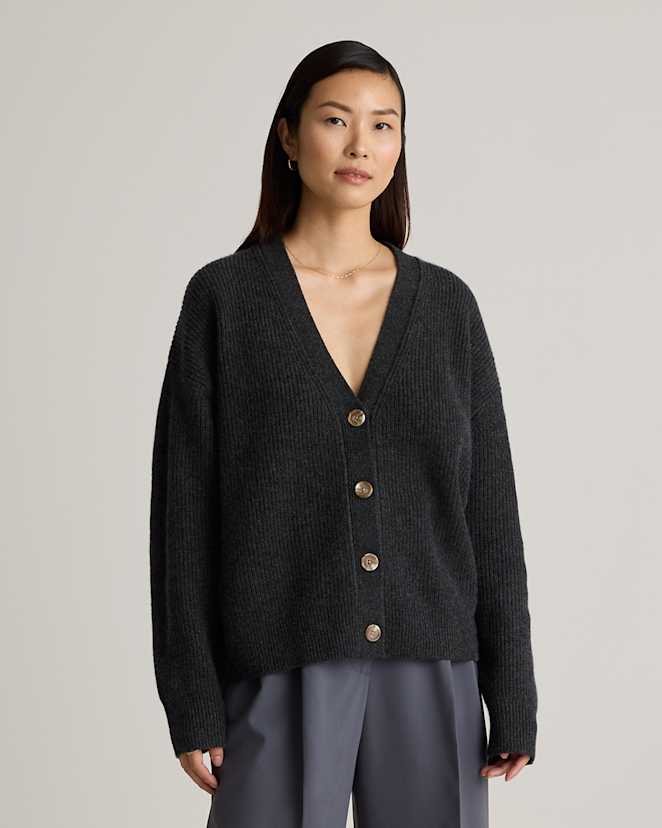 Heather Charcoal Mongolian Cashmere Fisherman Boxy Cropped Cardigan Sweater