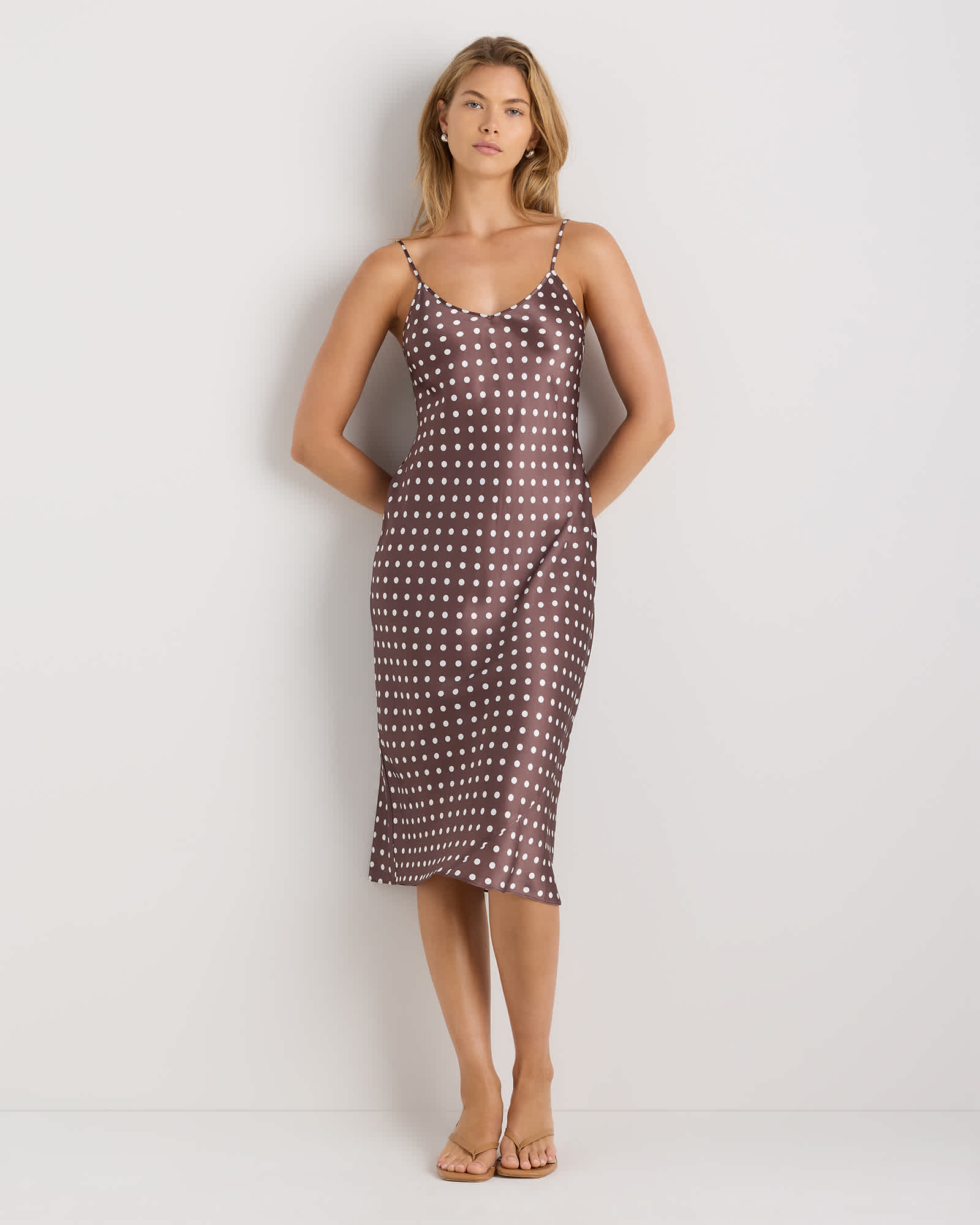 Mocha Midi Dot 100% Washable Silk Slip Dress