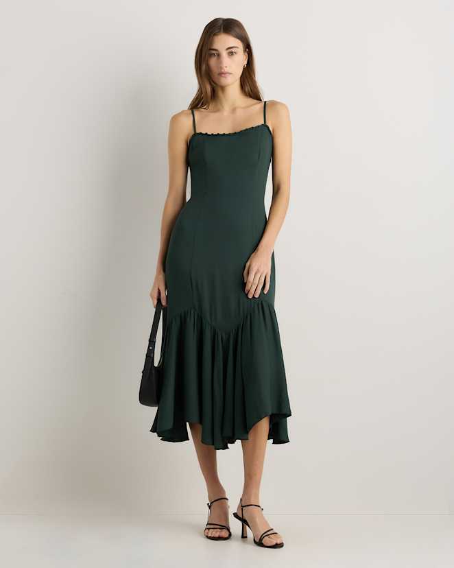 Forest Green Lightweight Crepe Pleated Hem Midi Dress