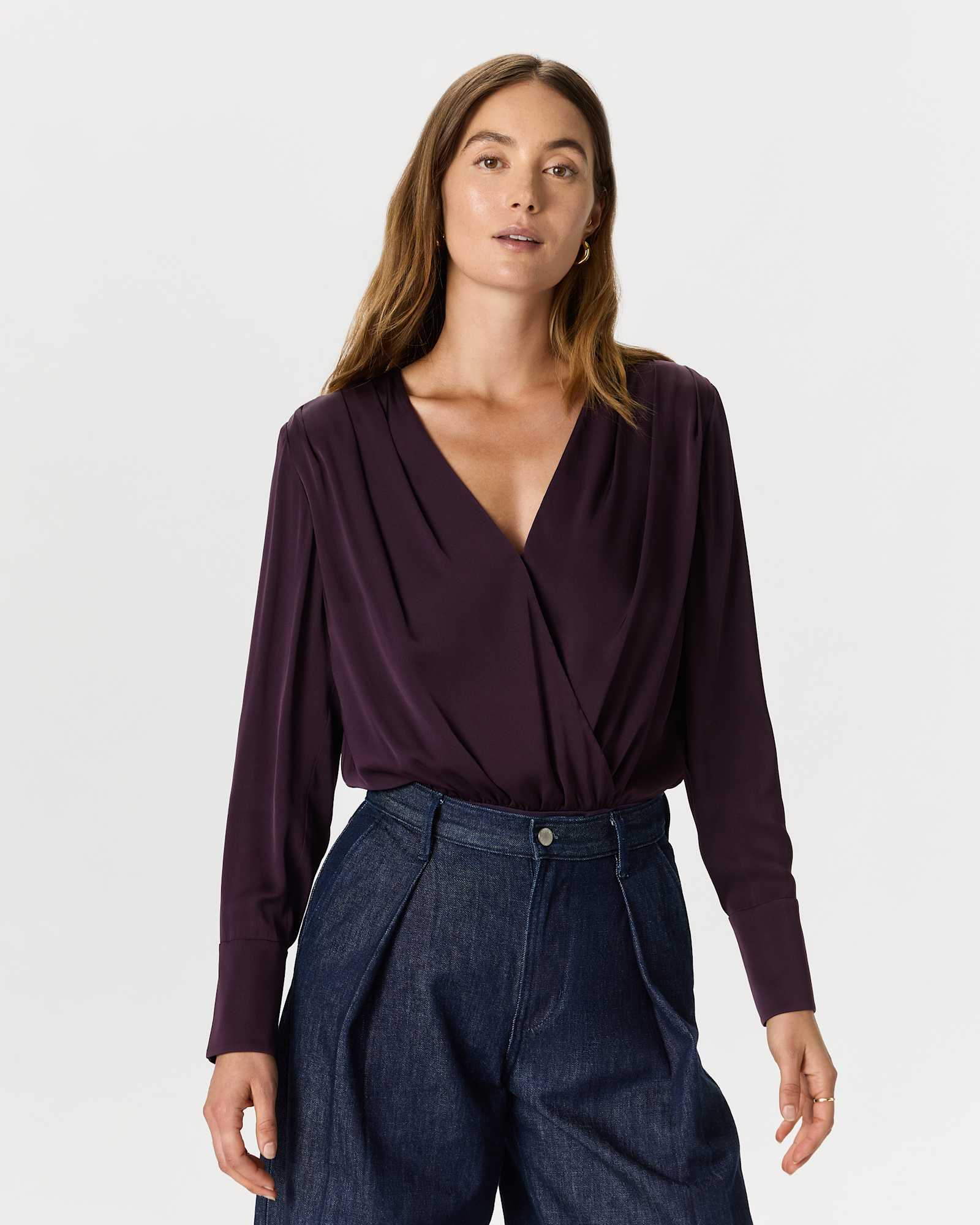 Deep Orchid Purple Washable Stretch Silk Surplice Bodysuit