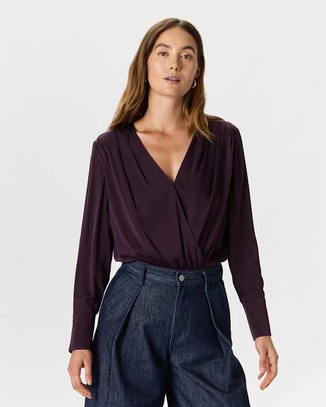 Deep Orchid Purple Washable Stretch Silk Surplice Bodysuit
