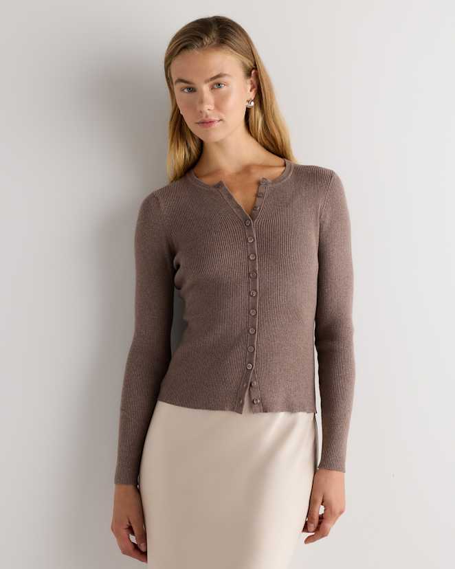 Heathered Mink Taupe Cotton Cashmere Fitted Ribbed Cardigan