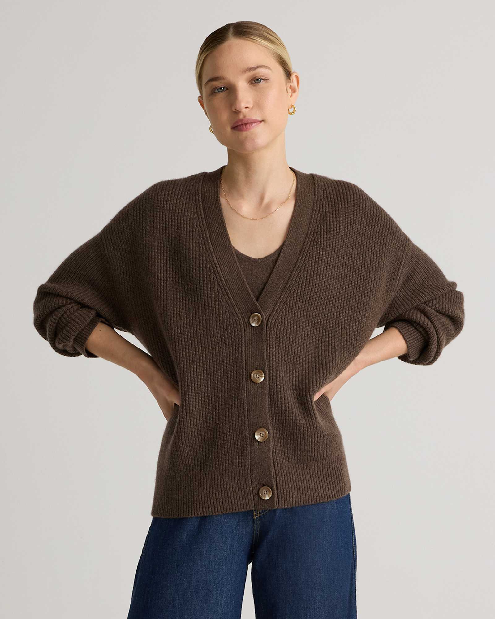 Brown Mongolian Cashmere Fisherman Boxy Cropped Cardigan Sweater
