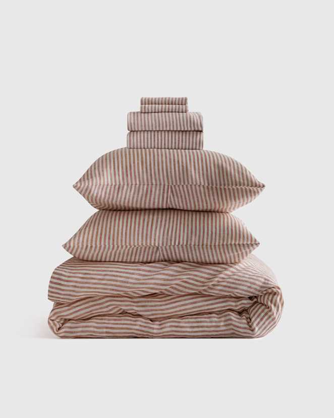Terracotta/White Stripe European Linen Stripe Deluxe Bedding Bundle
