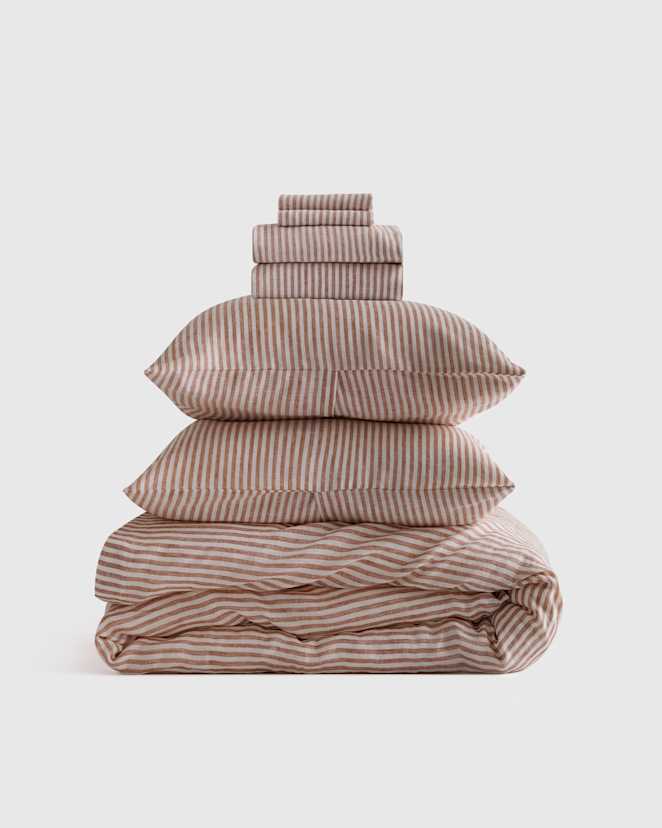 Terracotta/White Stripe European Linen Stripe Deluxe Bedding Bundle