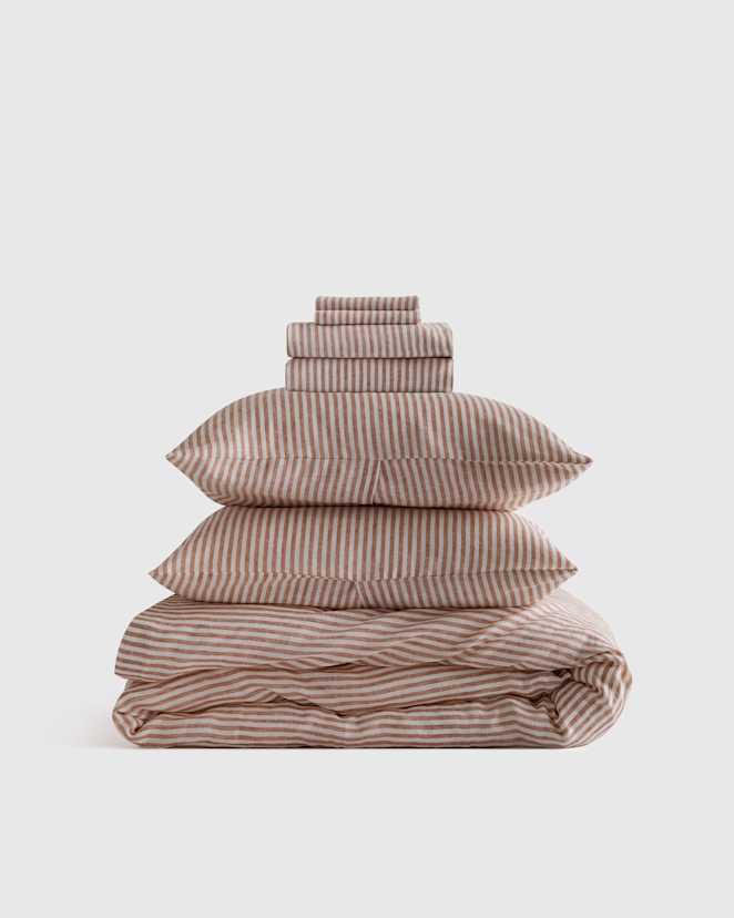 Terracotta/White Stripe European Linen Stripe Deluxe Bedding Bundle