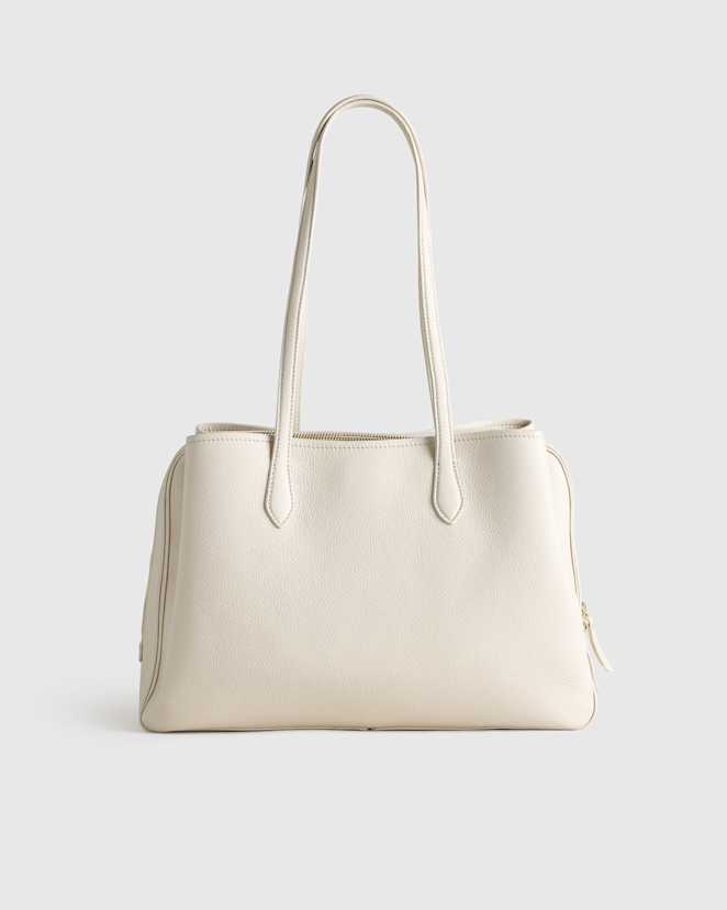 Soft Ivory Italian Leather Triple Compartment Work Tote