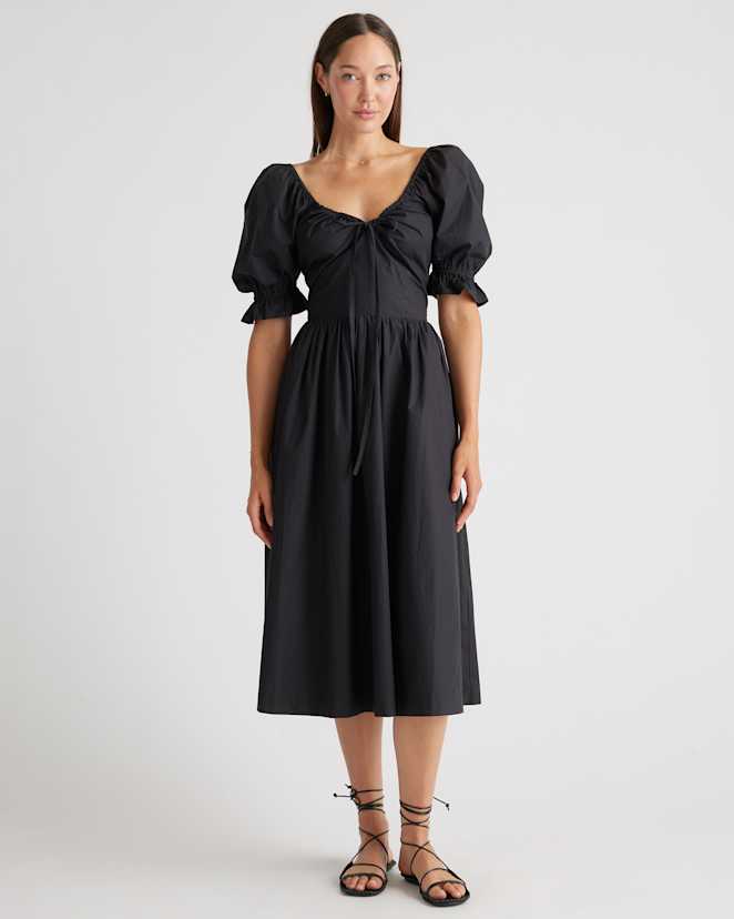 Black 100% Organic Cotton Puff Sleeve Midi Dress