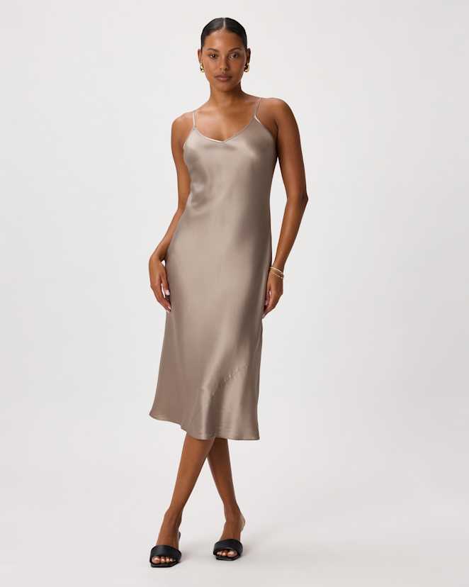 Morel Grey 100% Washable Silk Slip Dress