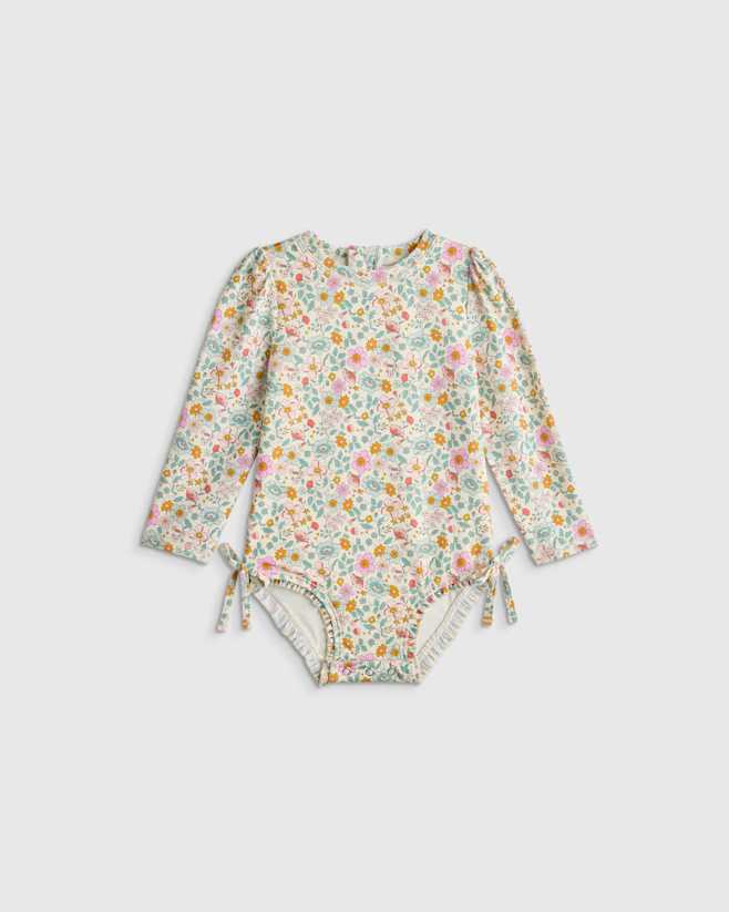 Soft Ditsy Floral Long Sleeve Tie One-Piece Swimsuit