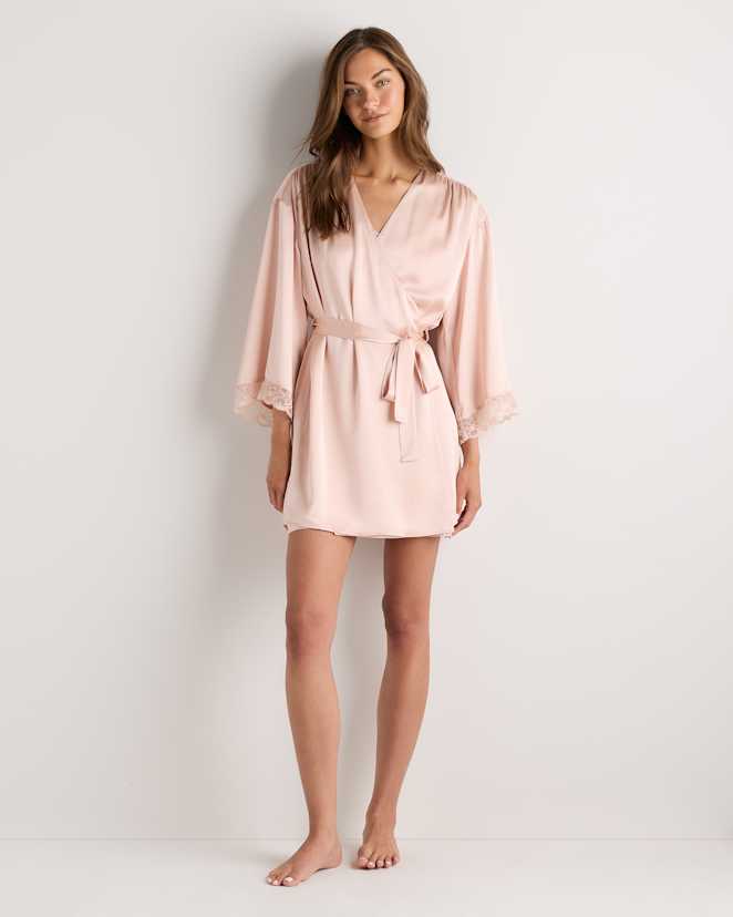 Soft Pink 100% Washable Silk Satin Lace Trim Robe