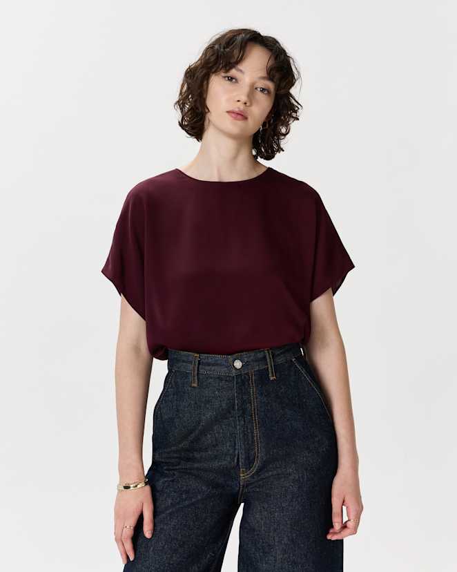 Wine Tasting Red Washable Stretch Silk Split Hem Tee