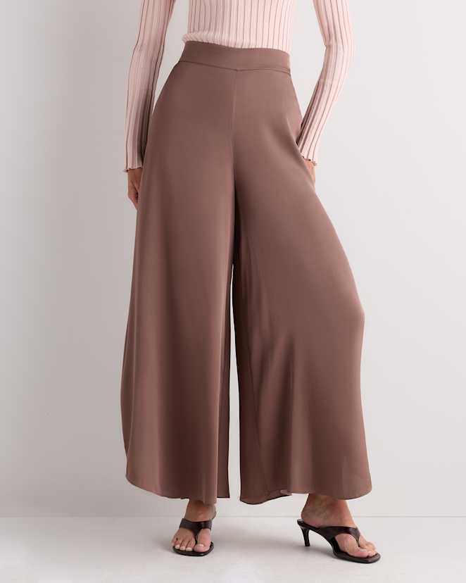 Mink Taupe Washable Stretch Silk Palazzo Pants