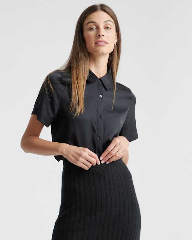 Black Washable Stretch Silk Short Sleeve Blouse