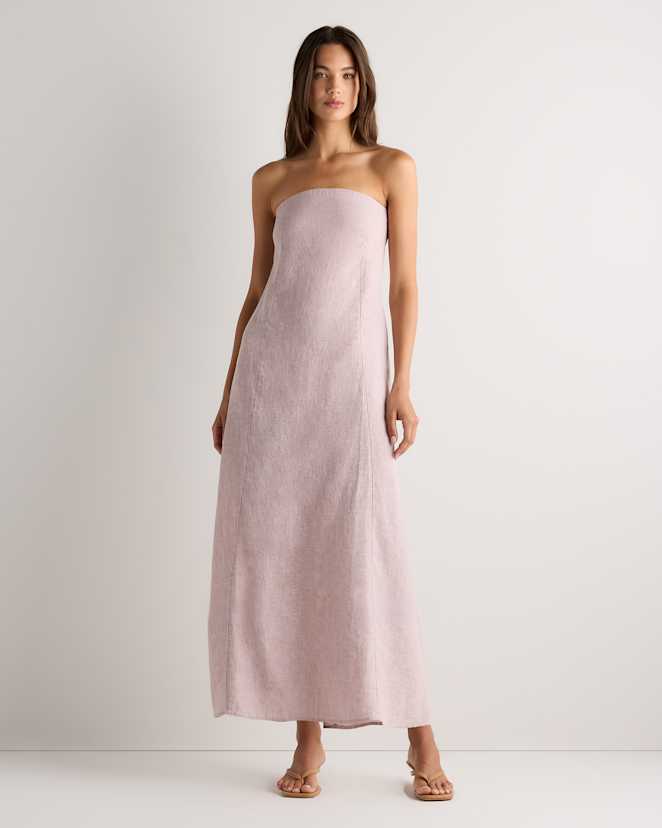 Vintage Pink Chambray 100% European Linen Strapless Maxi Dress
