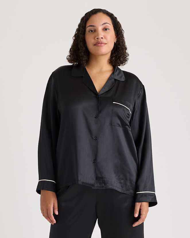 Black 100% Washable Silk Satin Pajama Long Sleeve Top