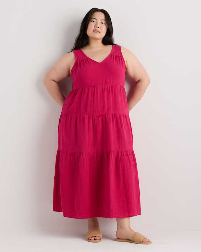 Amaranth Pink 100% Organic Cotton Gauze Tiered Maxi Dress