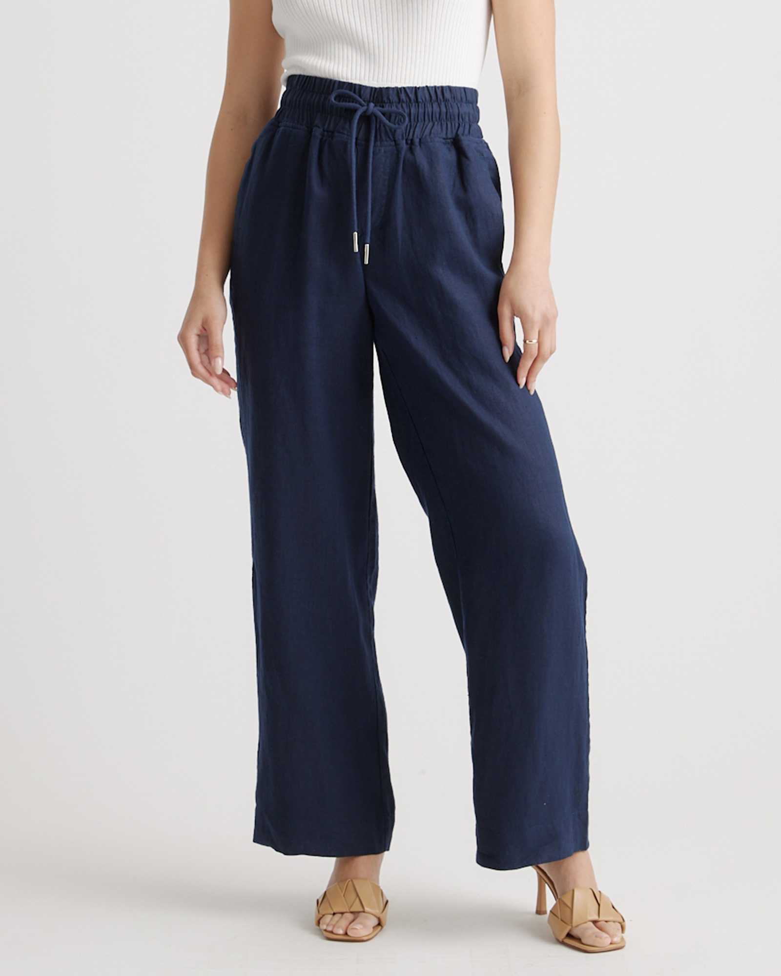 deep-navy 100% European Linen Wide Leg Pants