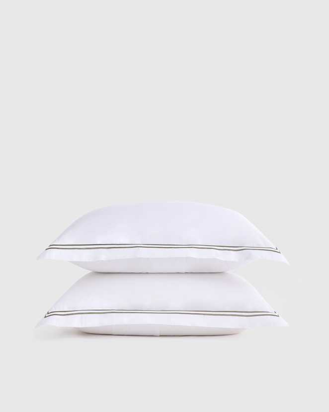 White/Dusty Olive Organic Crisp Percale Embellished Sham Set