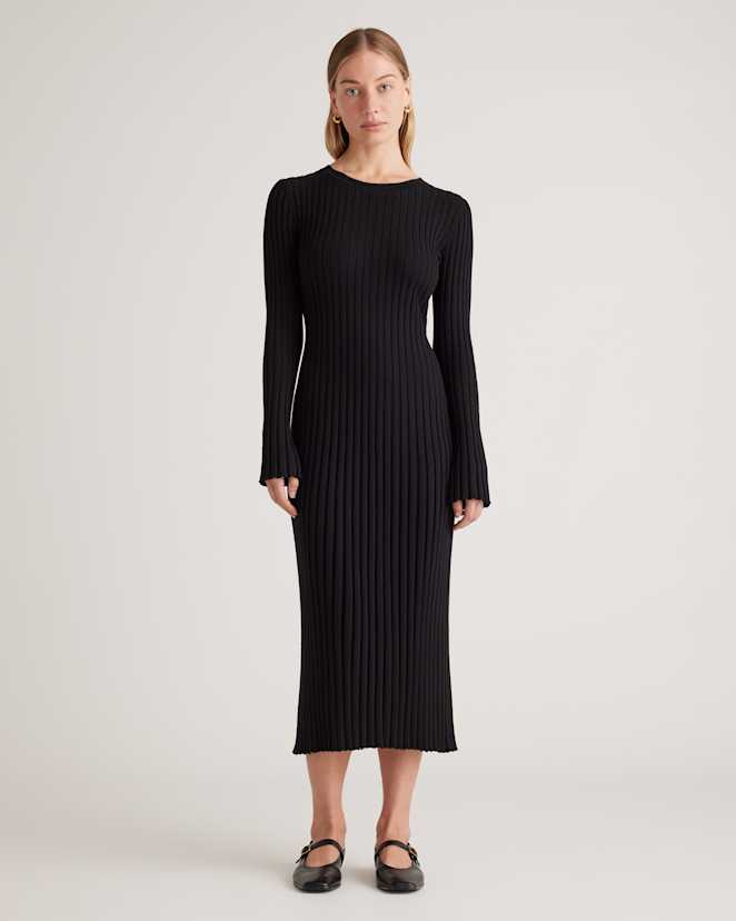 Black Cotton Cashmere Ribbed Long Sleeve Crew Midi Dress