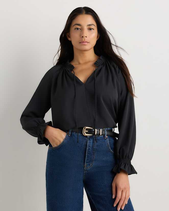 True Black Drapey Chiffon Split Neck Long Sleeve Blouse