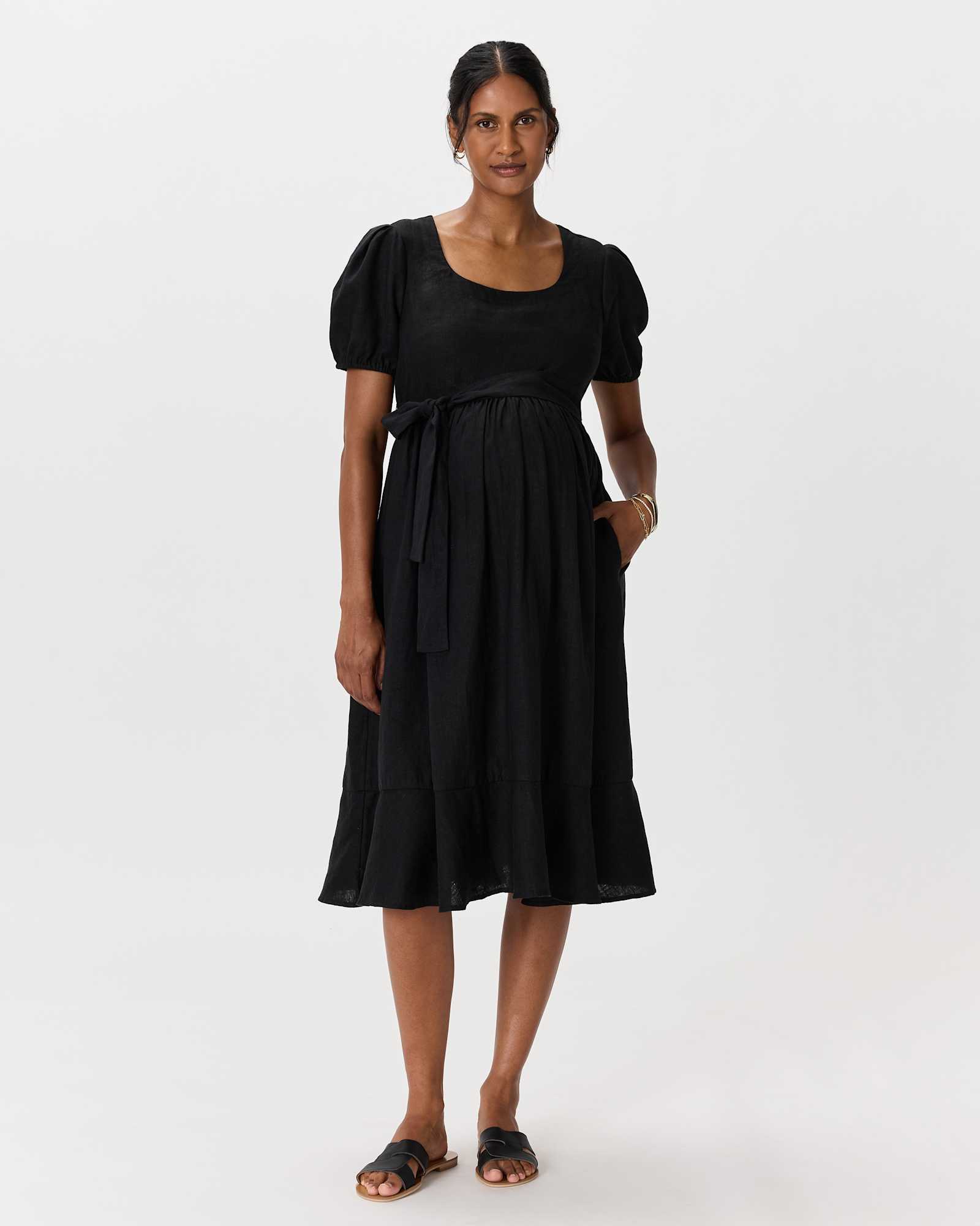 black 100% European Linen Maternity Short Sleeve Midi Dress