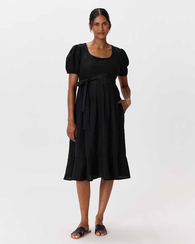 Black 100% European Linen Maternity Short Sleeve Midi Dress