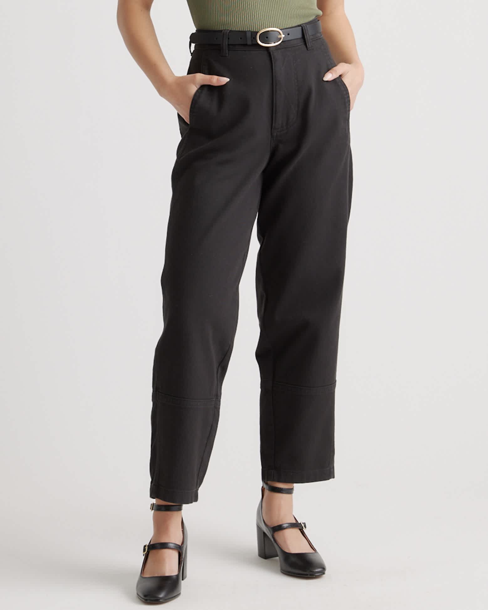 black Organic Stretch Cotton Twill Barrel Pants