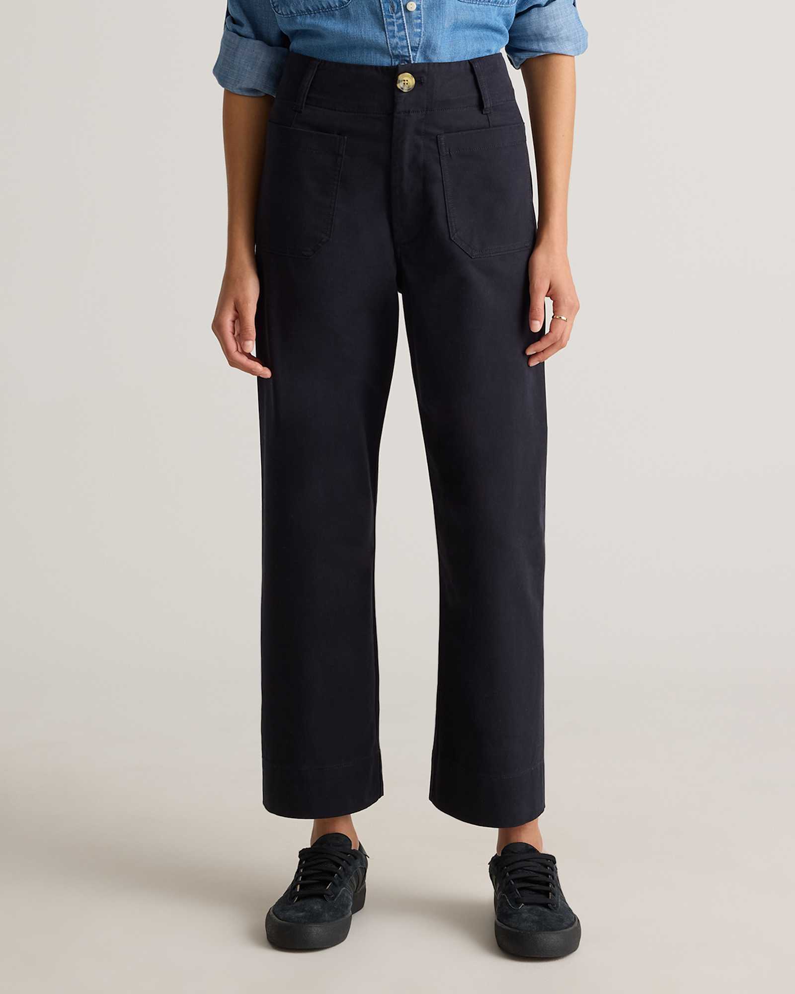 Black Organic Stretch Cotton Chino Cropped Wide Leg Pants