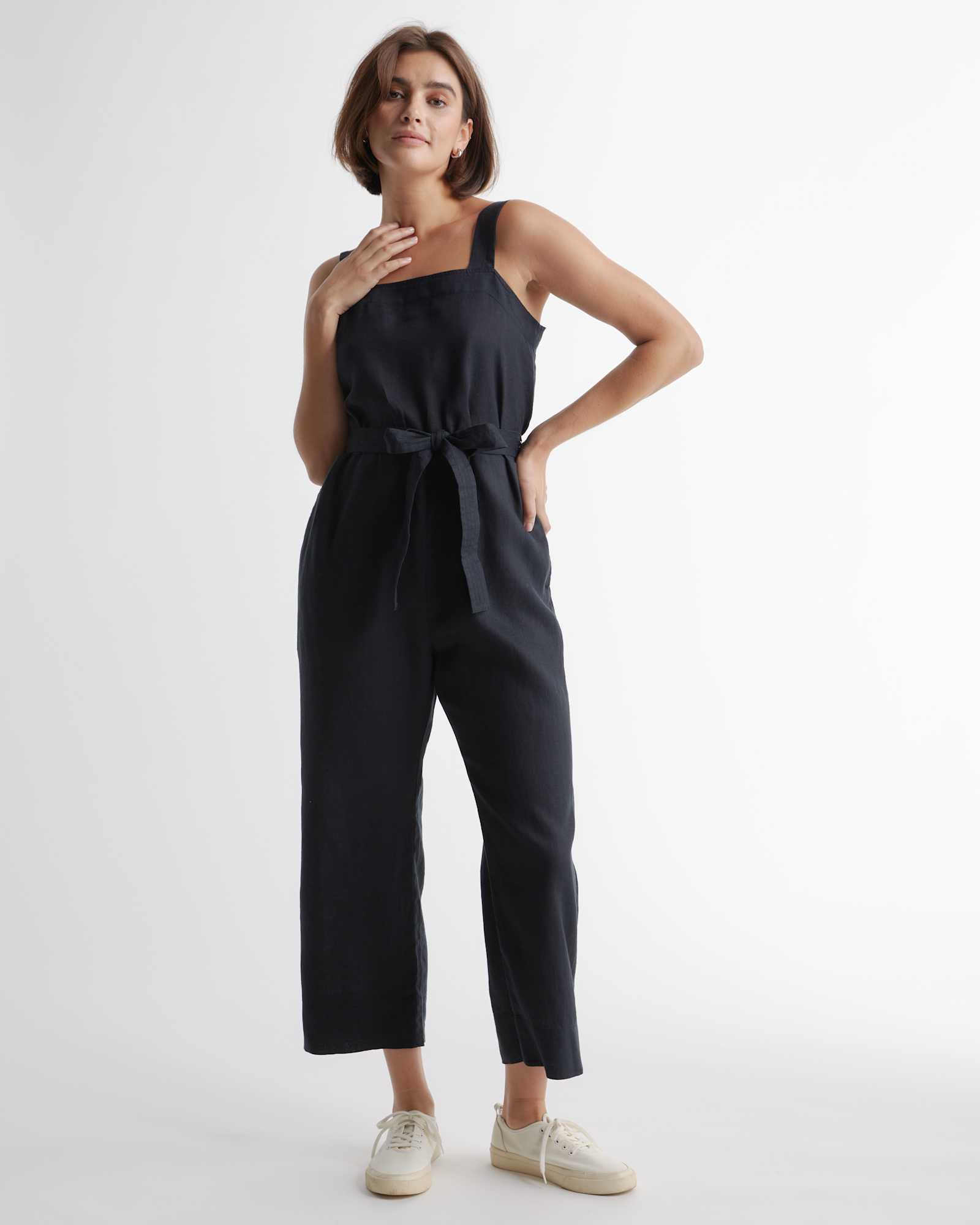 black 100% European Linen Square Neck Jumpsuit