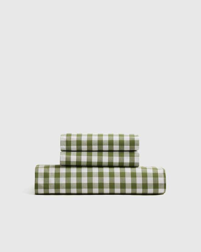 Olive Classic Organic Percale Gingham Fitted Sheet Set