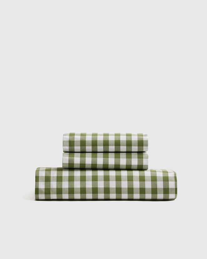 Olive Organic Crisp Percale Gingham Fitted Sheet Set