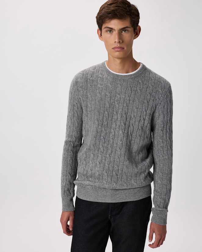 Heather Grey Mongolian Cashmere Classic Cable Crewneck Sweater