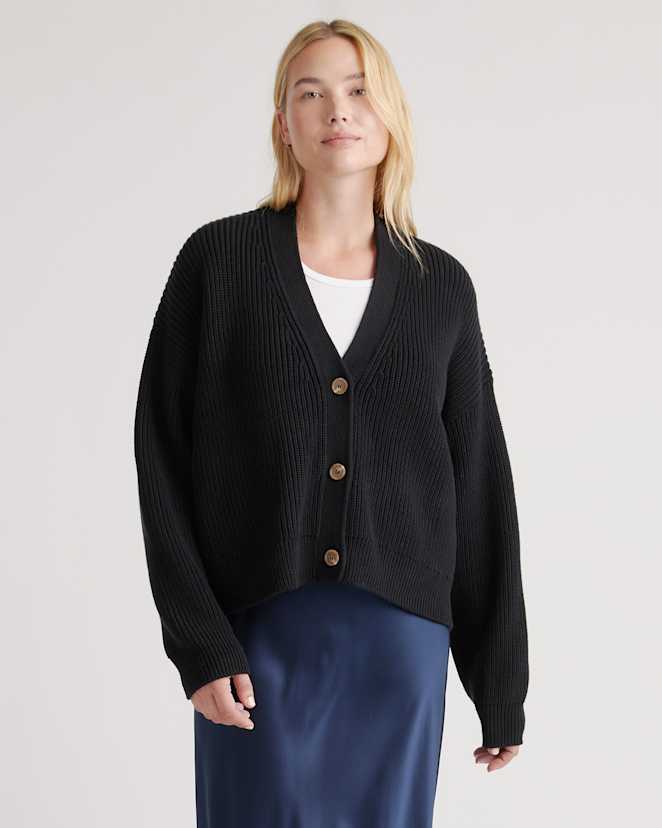 Black 100% Organic Cotton Fisherman Boxy Cropped Cardigan