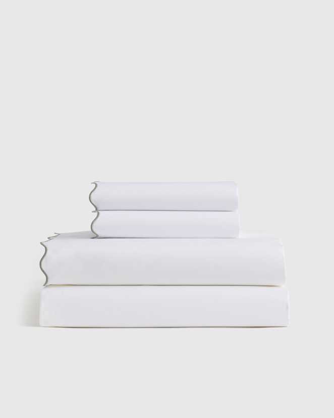 White/Dried Sage Organic Crisp Percale Scallop Sheet Set
