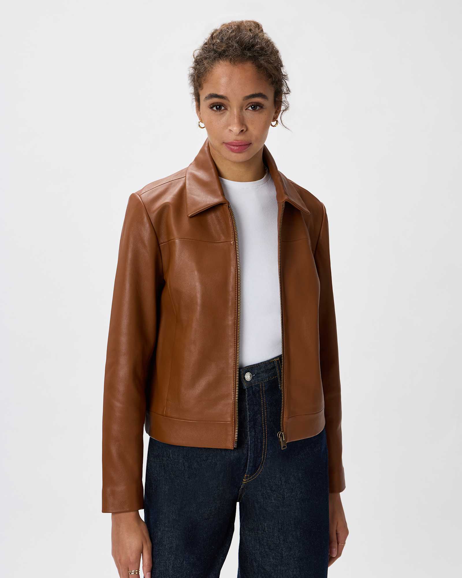 Dark Cognac Brown Blouson écourté 100 % cuir à fermeture à glissière