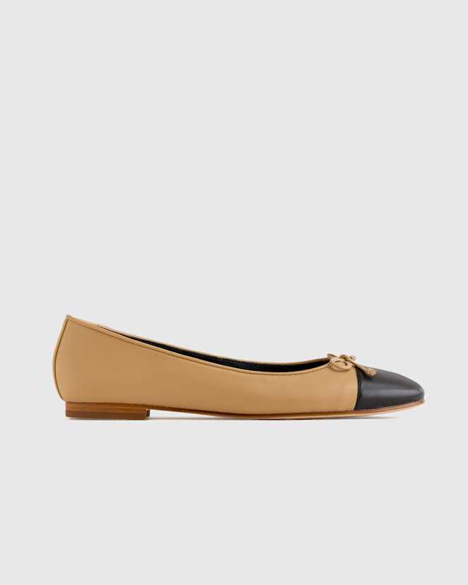 Cashew/Black Italian Leather Cap-Toe Ballet Flat