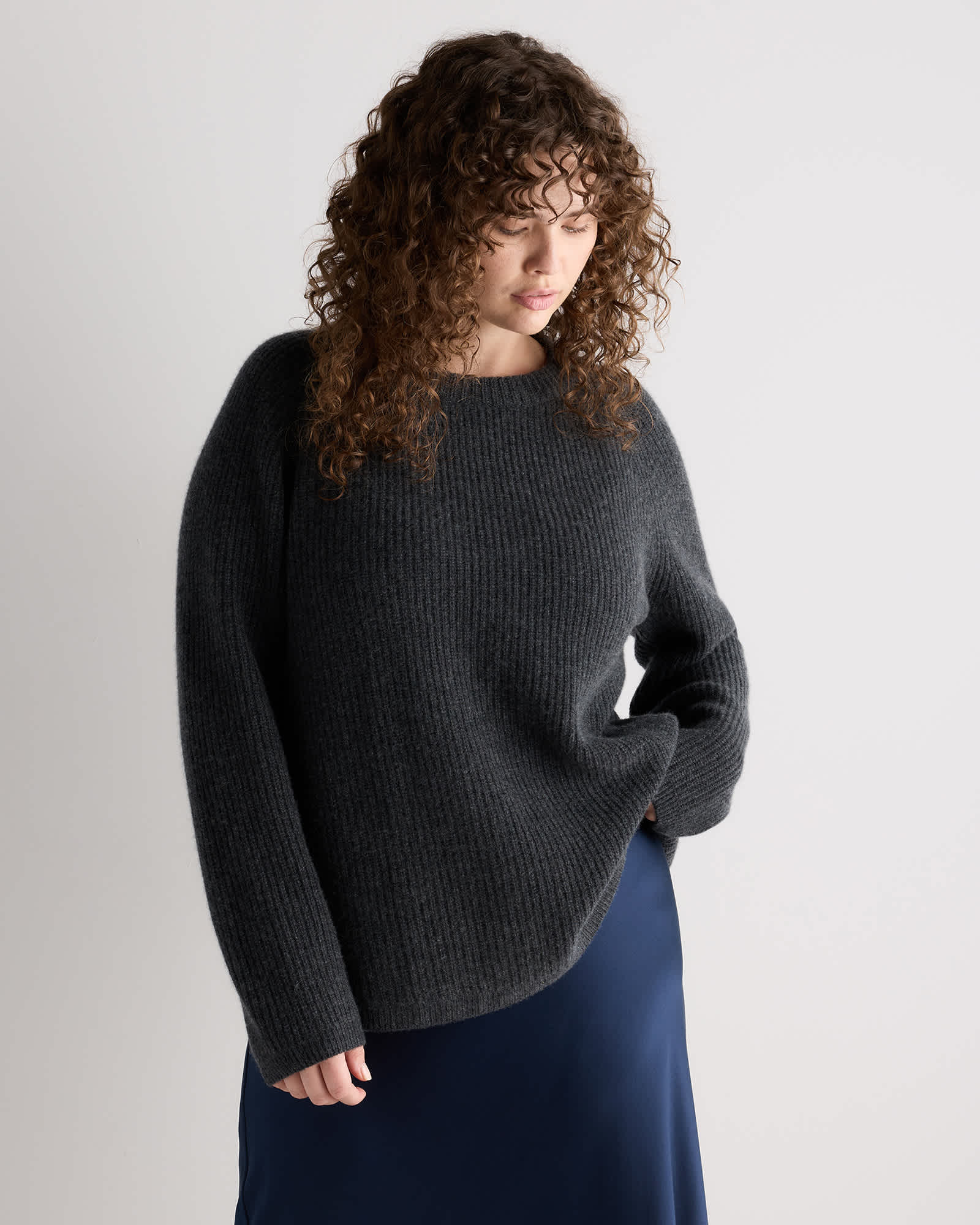 Heather Charcoal Mongolian Cashmere Fisherman Crewneck Sweater