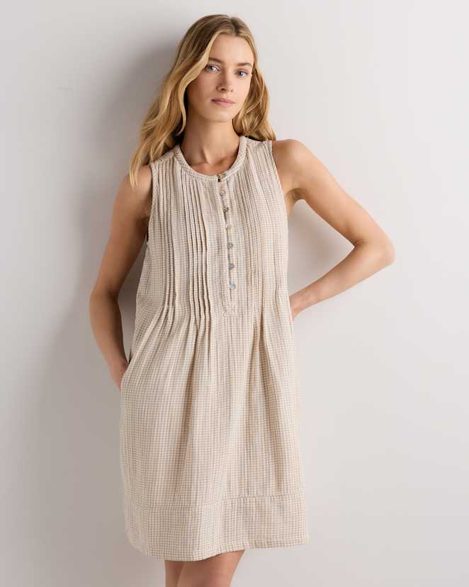 Khaki Gingham 100% Organic Cotton Gauze Sleeveless Swing Dress