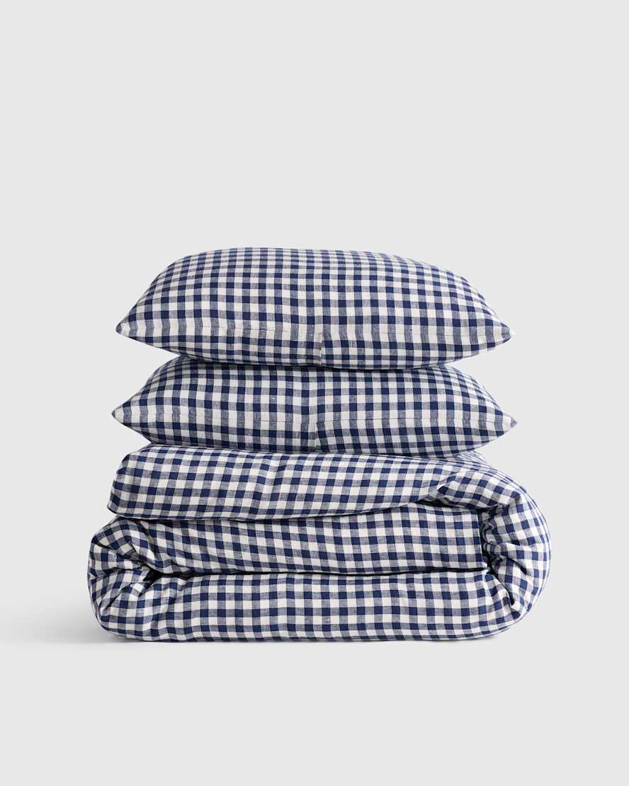 Navy Gingham European Linen Duvet Cover Set