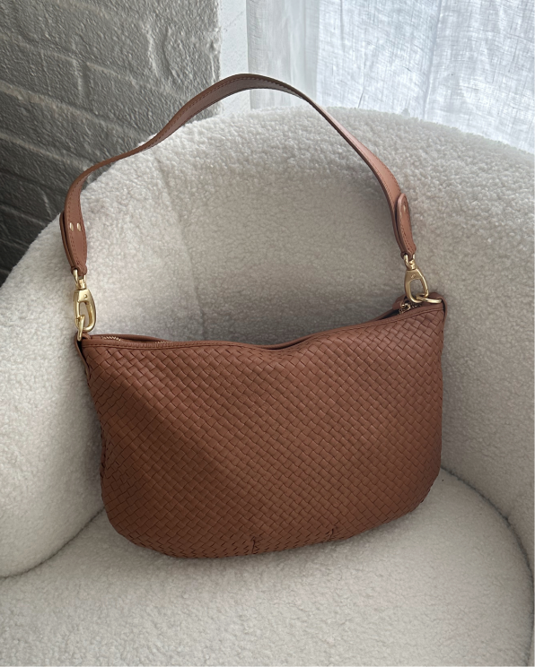Cognac Italian Leather Convertible Crescent Handwoven Shoulder Bag